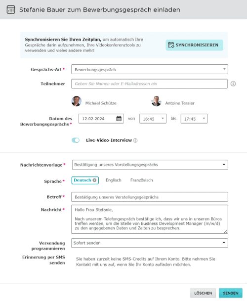 Versand einer Interview-Einladung über Eingabemaske im Bewerbermanagementsystem