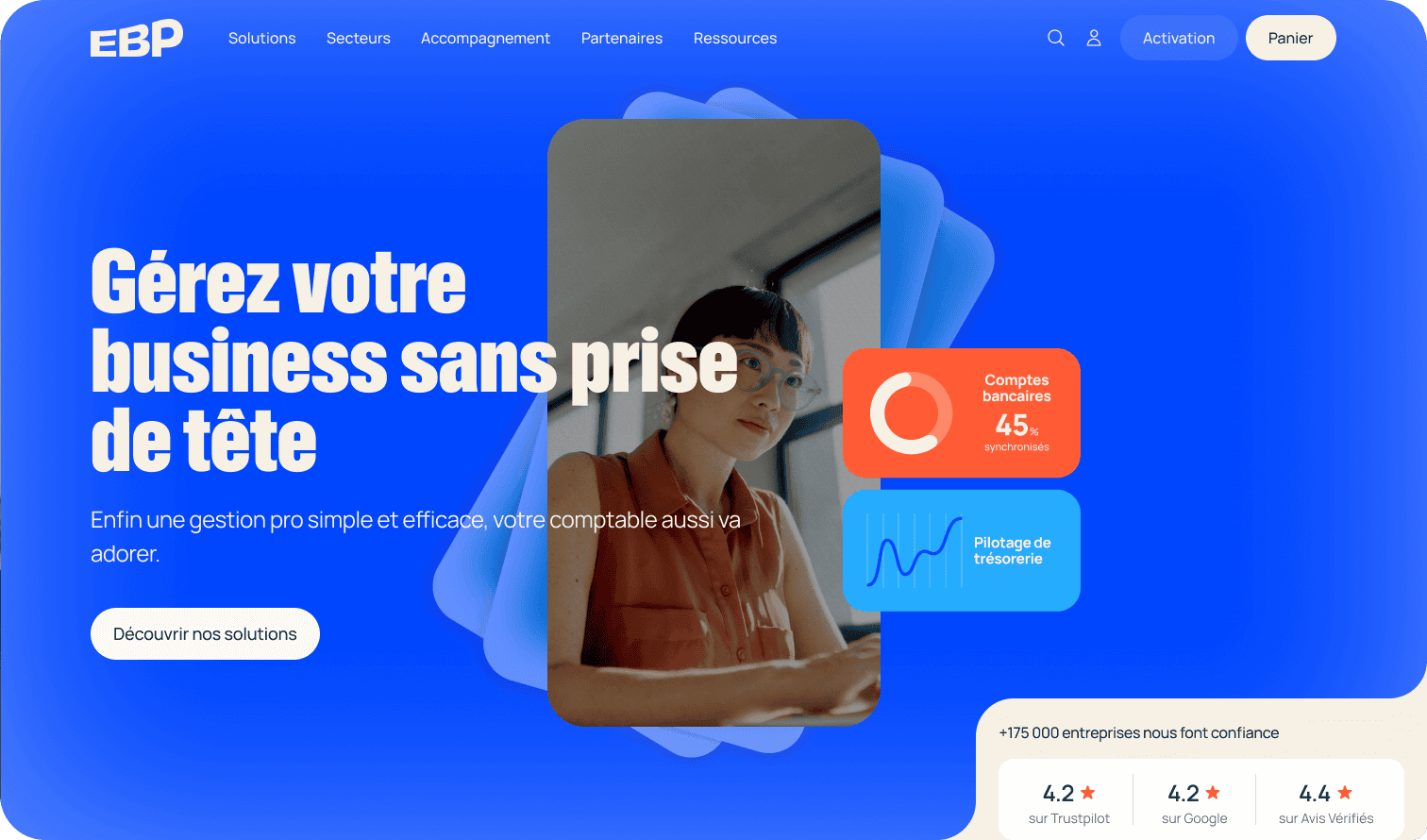 Maquette de la page d’accueil du site EBP avec éléments marketing visibles : titre, CTA, image centrale, chiffres clés et bloc d’avis.