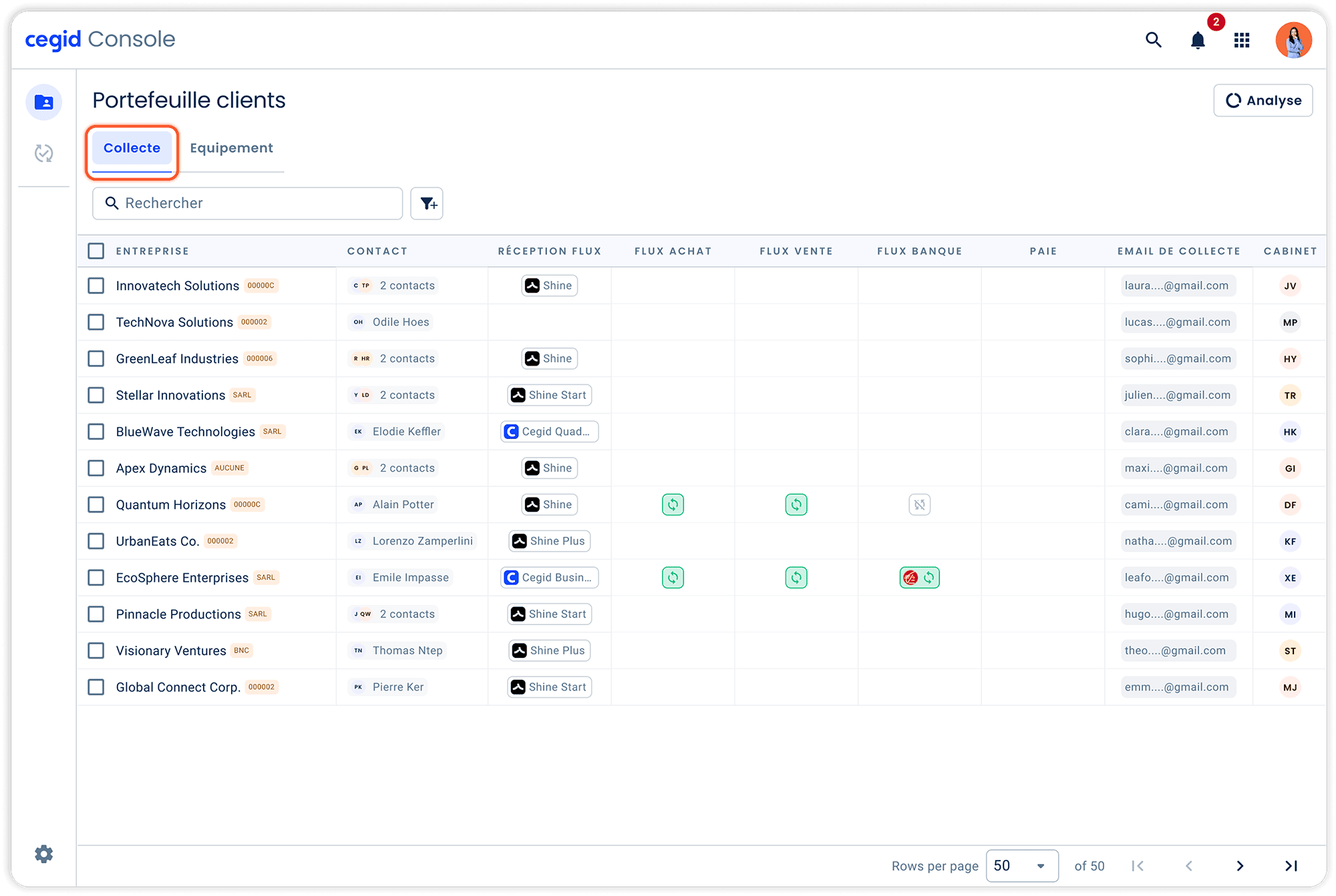 Interface Console Cegid - écran Portefeuille clients onglet Collecte avec tableau des entreprises, contacts et statuts des flux