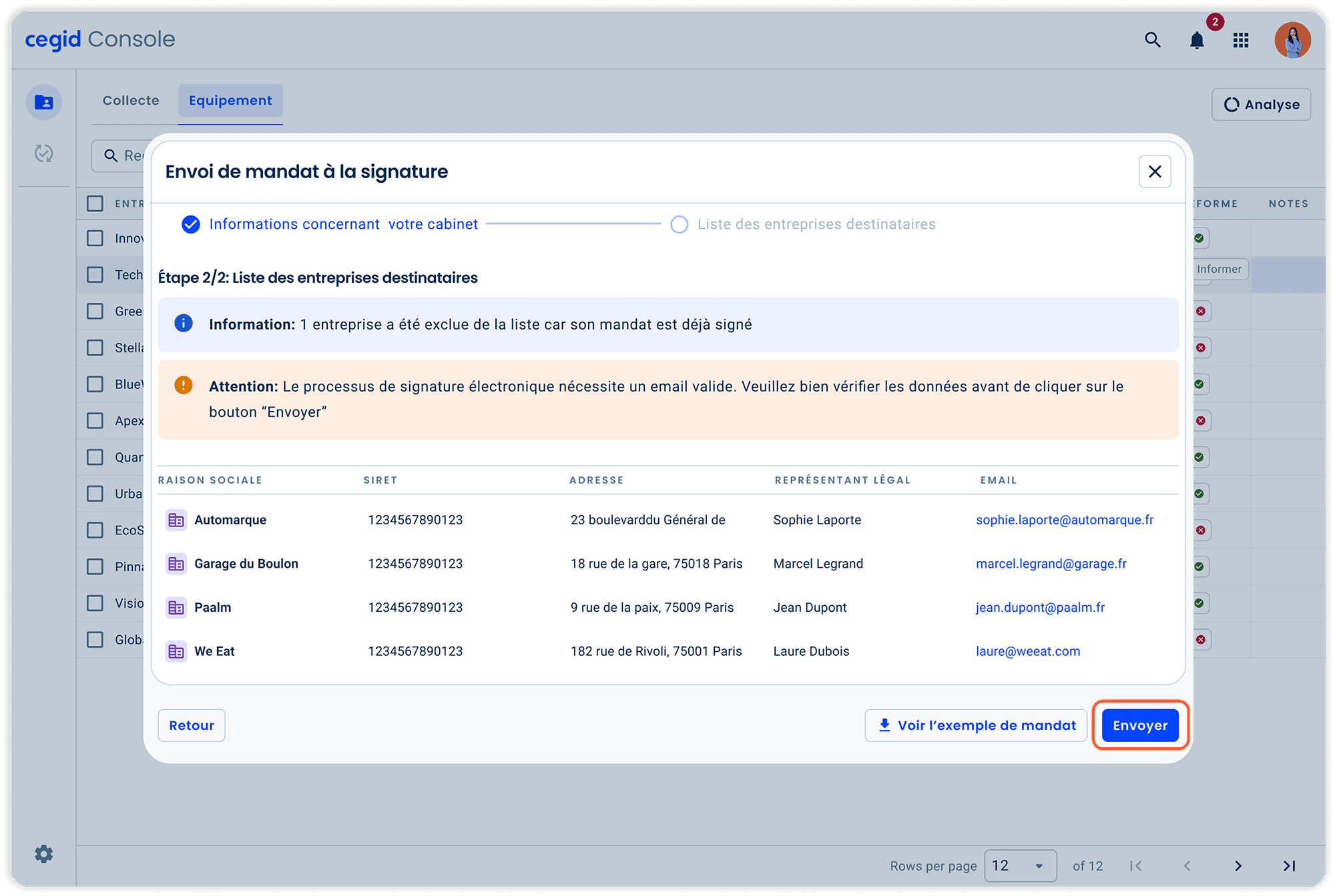 Interface Console Cegid - fenêtre Envoi de mandat à la signature affichant la liste des entreprises destinataires et bouton Envoyer