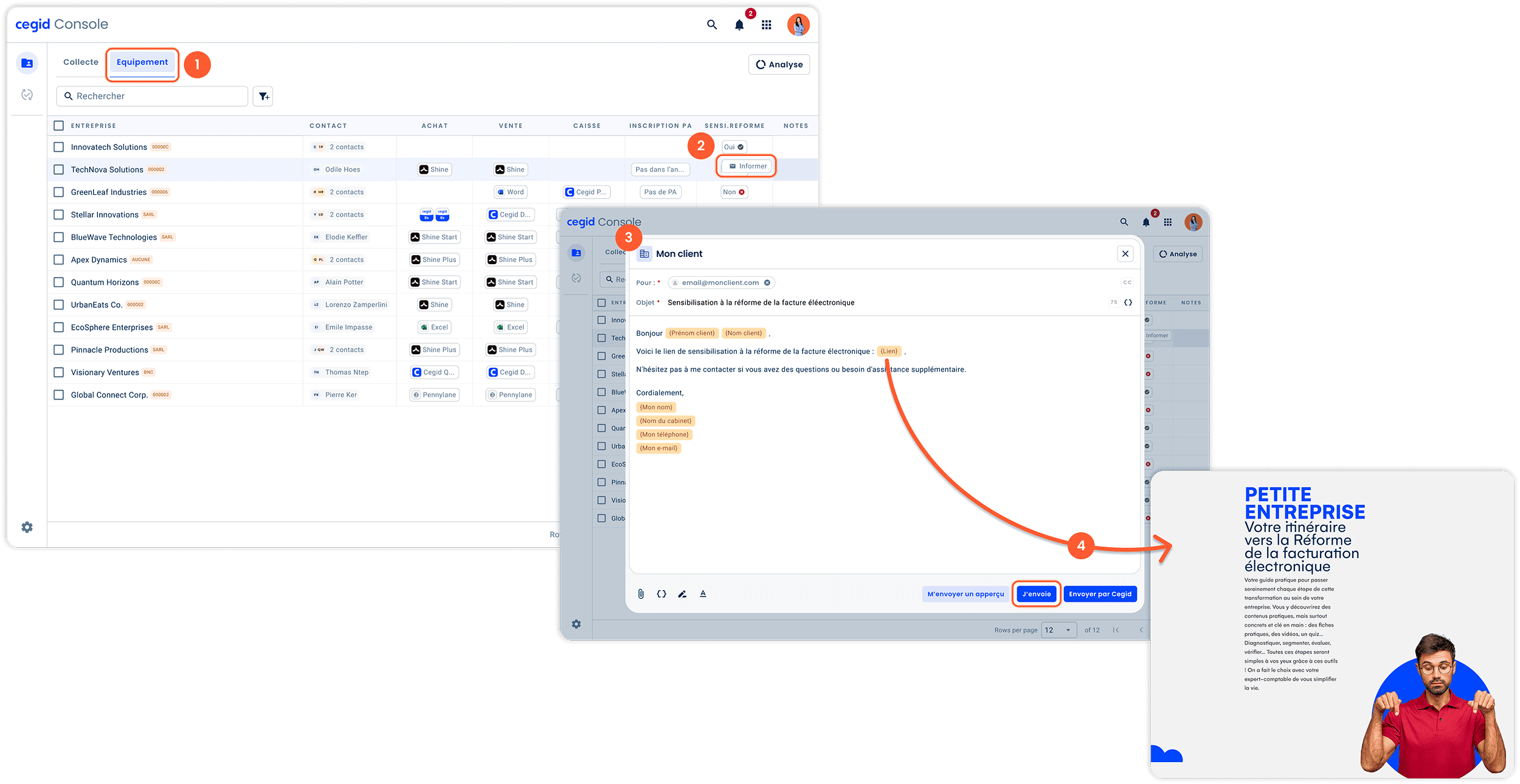 Interface Cegid Console - envoi d’un email d’information sur la réforme de la facture électronique avec aperçu du guide