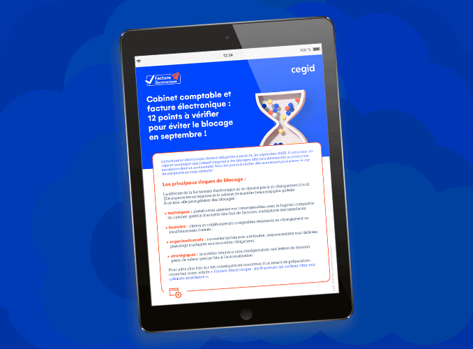 Illustration d’une tablette affichant une checklist Cegid sur la réforme de la facture électronique et le calendrier de formation CPA.