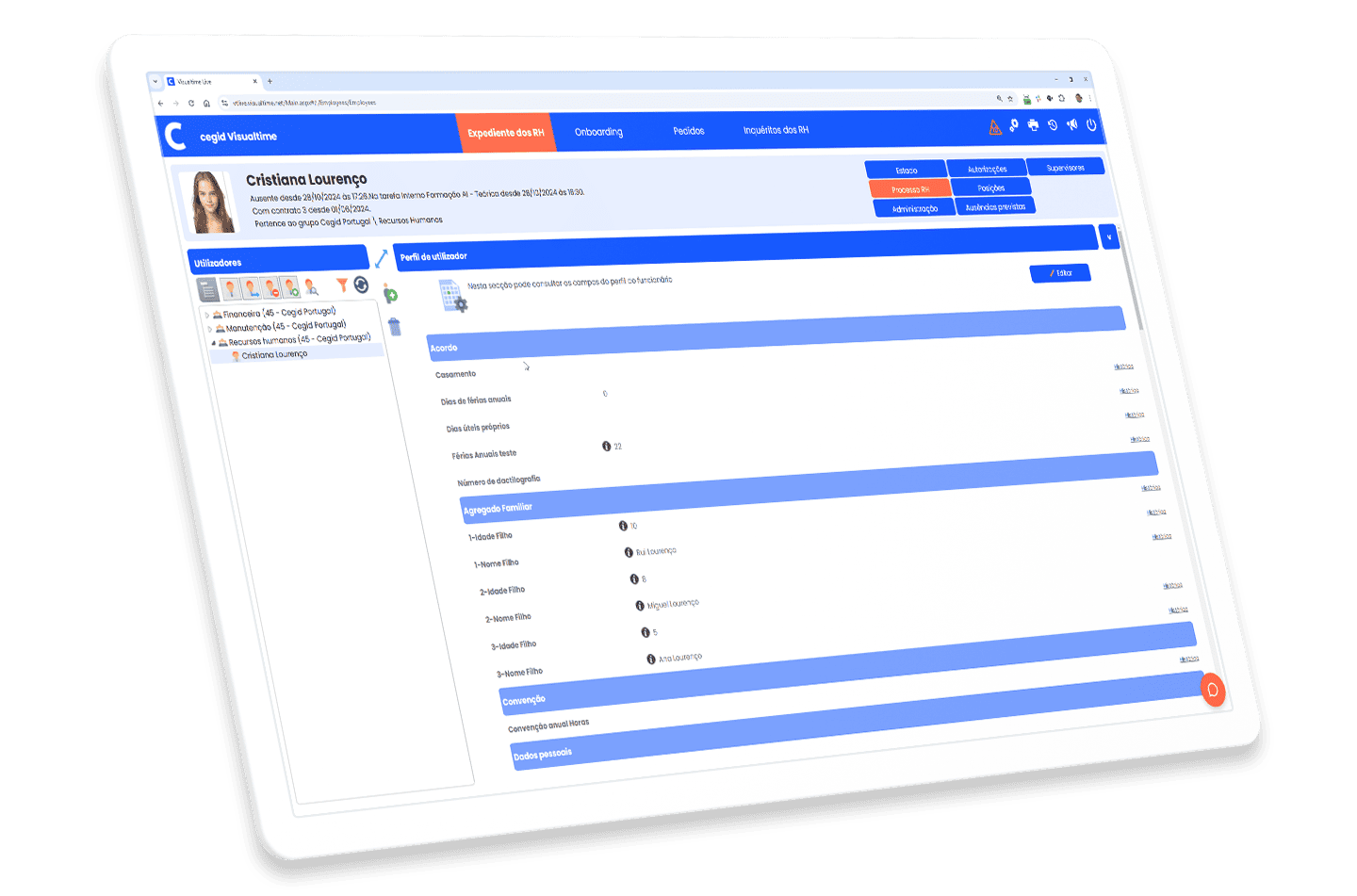 Ecrã relativo à ficha de um colaborador disponível no software de gestão de tempo Cegid Visualtime