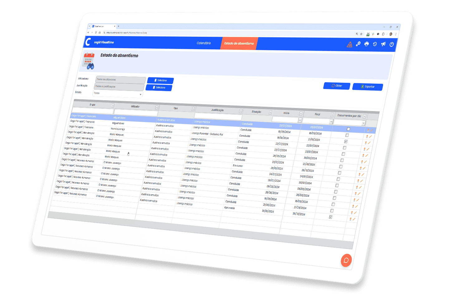 Ecrã relativo à Gestão de Absentismo no Software de Controlo Horário Cegid Visualtime