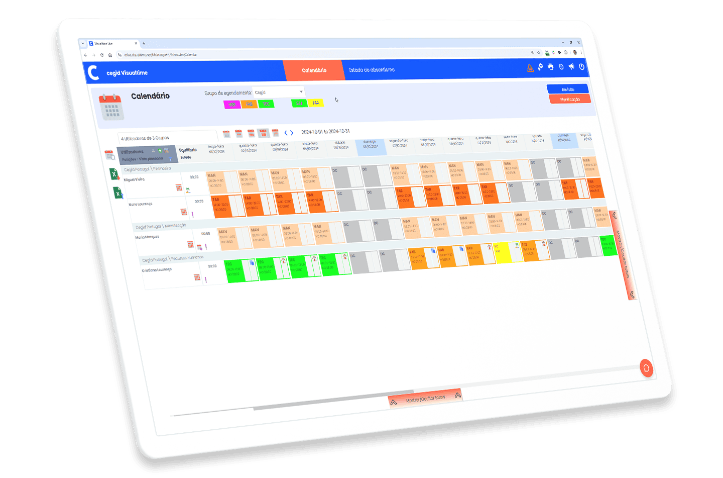 Ecrã alusivo ao calendário da Gestão de Turnos e Férias Cegid Visualtime