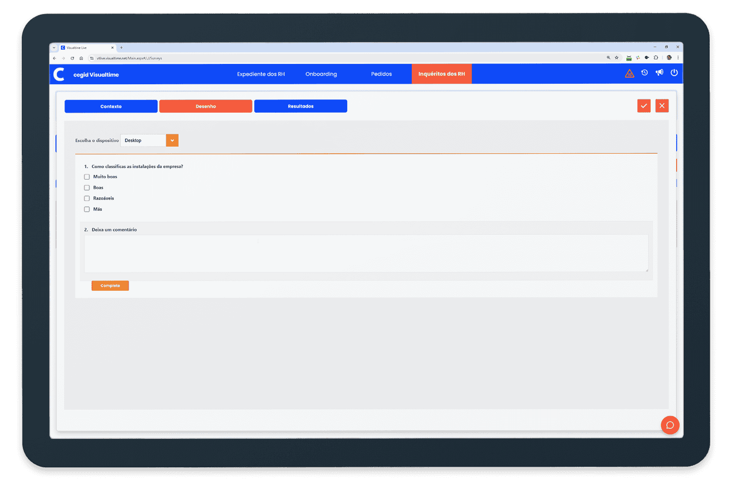 Ecrã alusivo à secção dos Inquéritos de RH no software Cegid Visualtime
