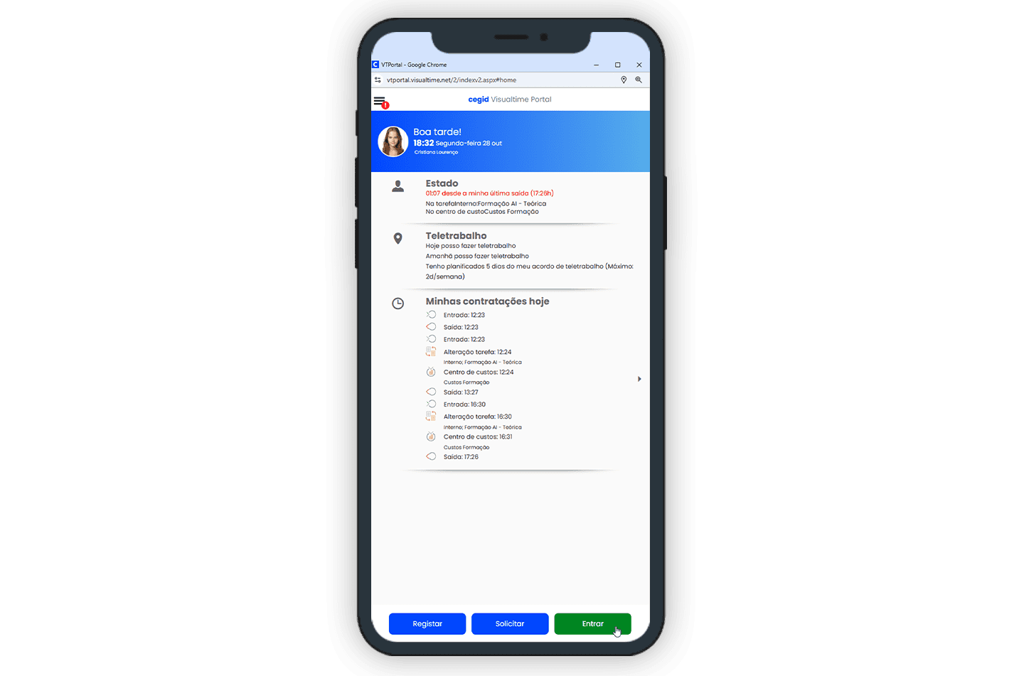 Ecrã alusivo ao Ponto de Picagem de um colaborador no software Cegid Visualtime