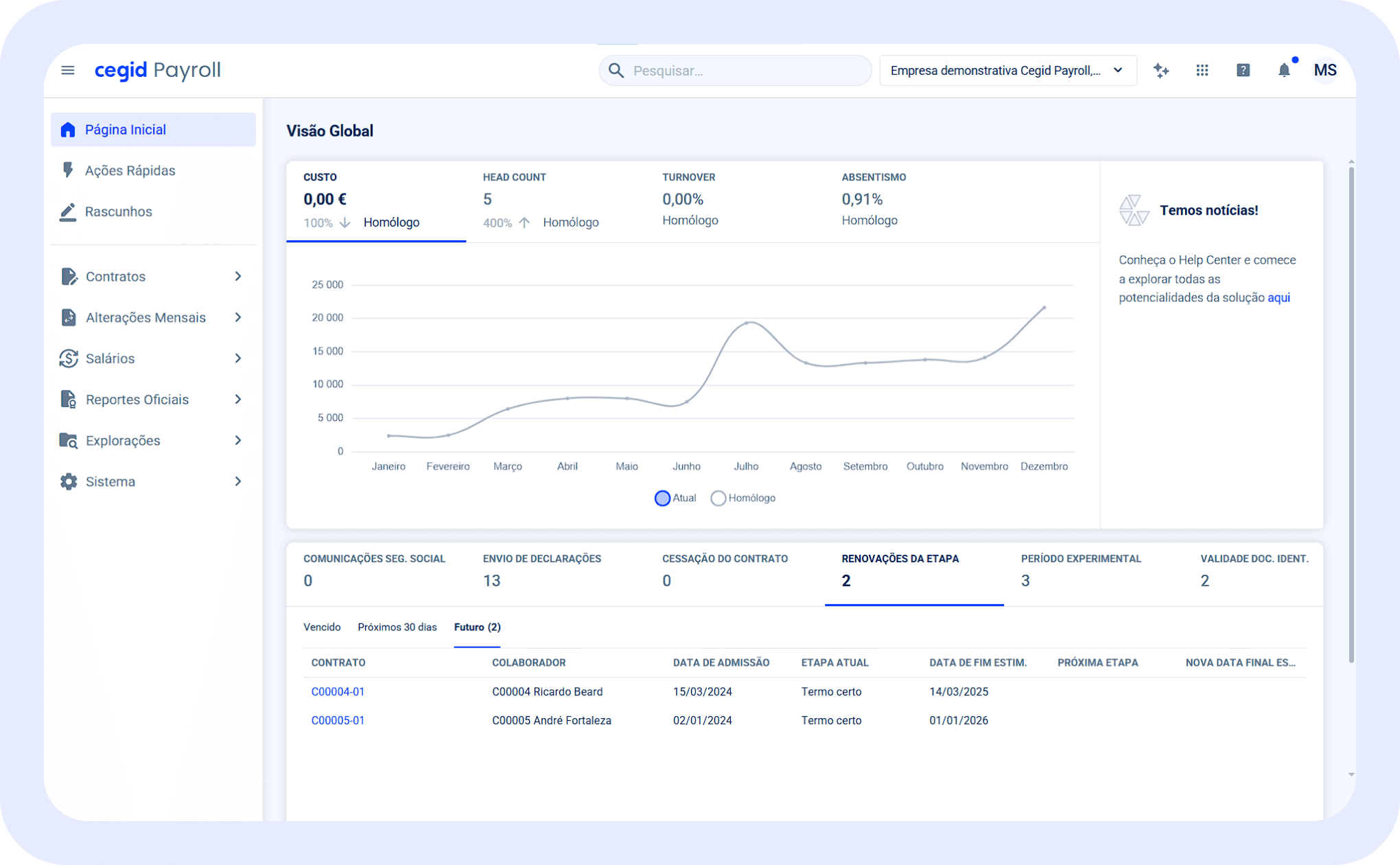 Ecrã representativo do software de processamento salarial automático Cegid Payroll