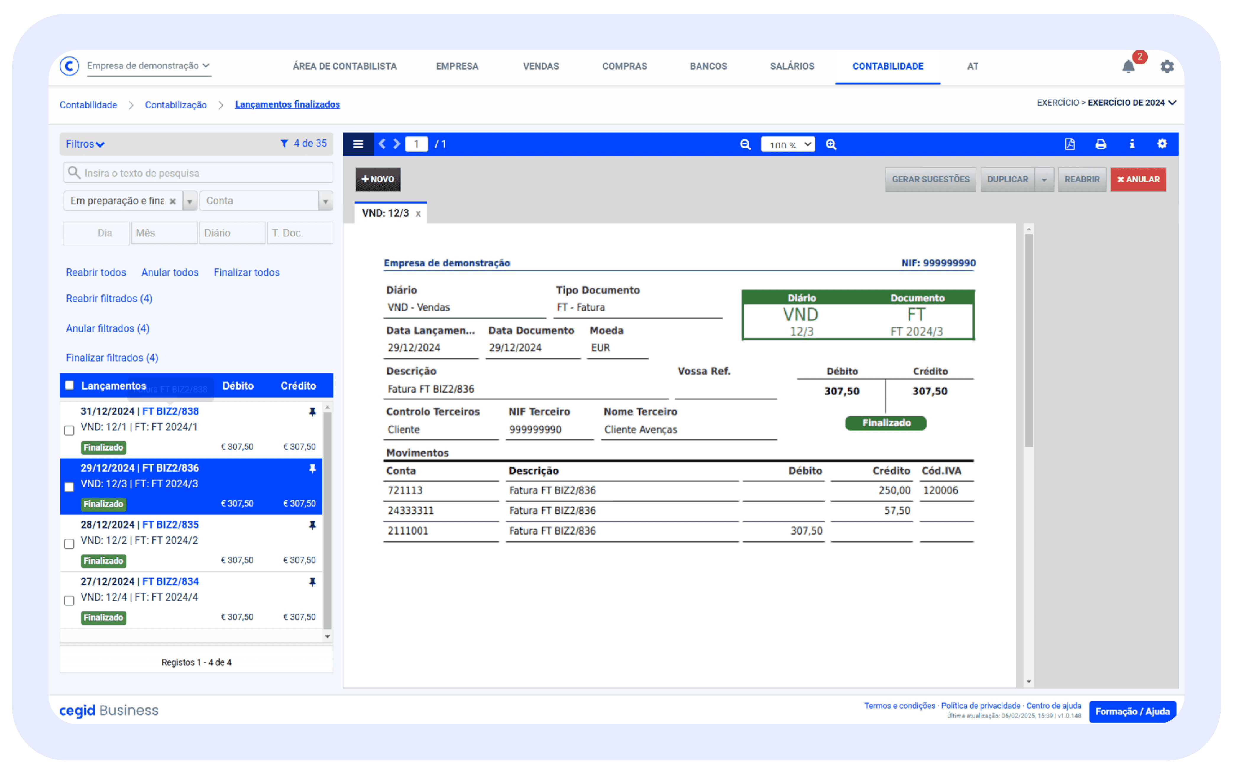 Ecrã representativo do software e contabilidade colaborativa Cegid Business