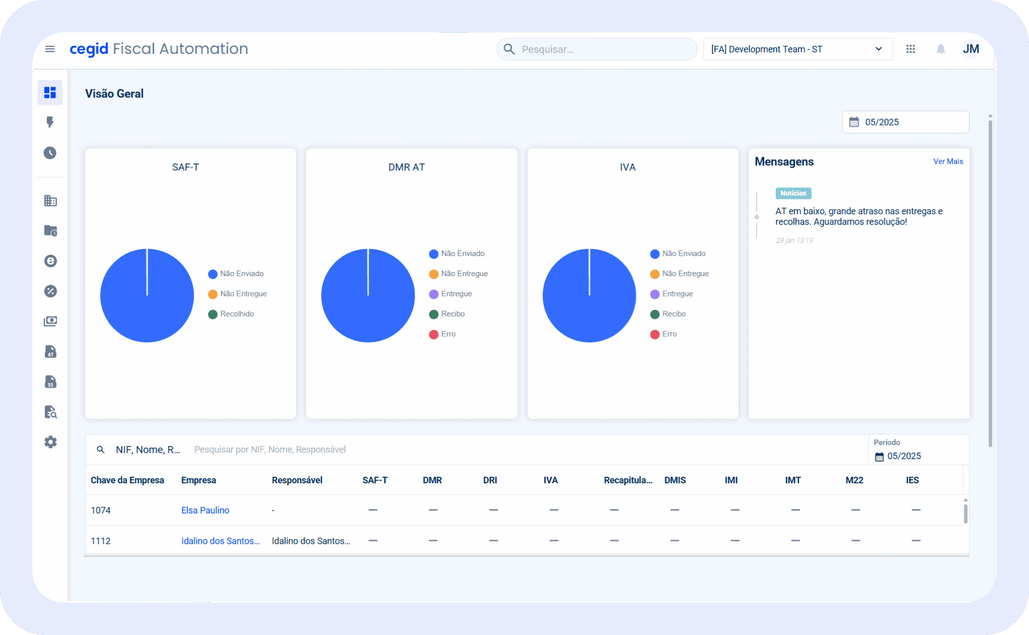 Ecrã com visão geral do software de gestão de obrigações fiscais Cegid Fiscal Automation